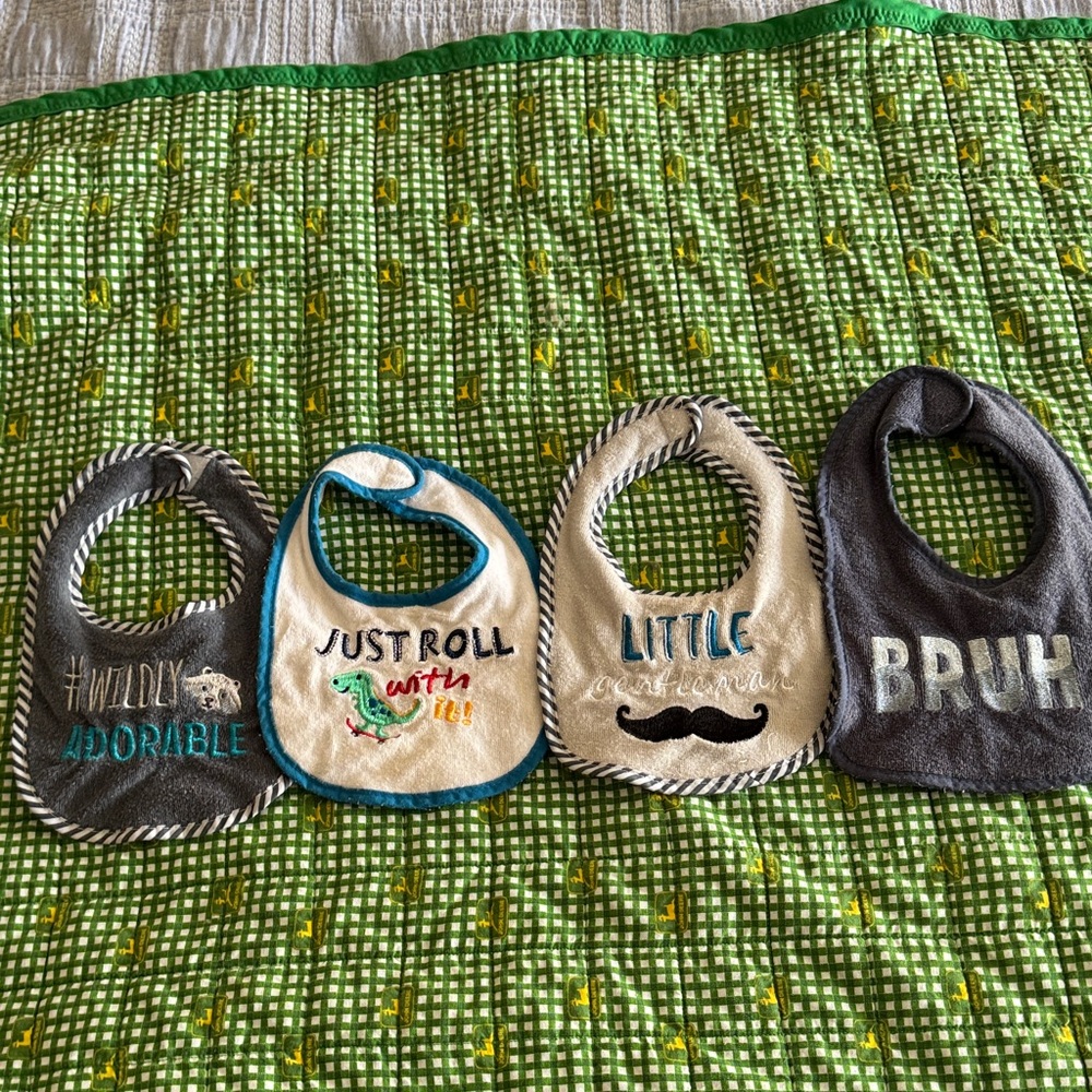 Adorable Dino and Mustache Baby Bib Set - Gray, Cream, Blue